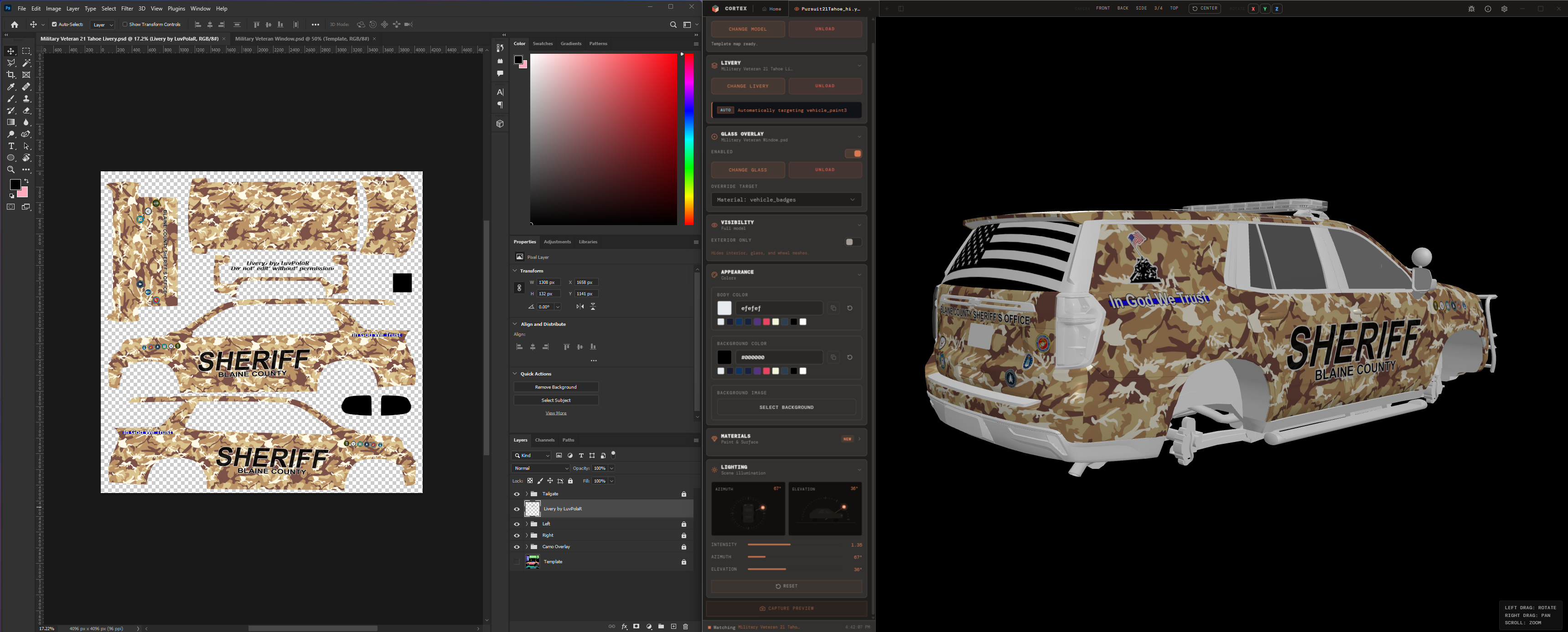 Cortex Studio showing a sheriff livery texture beside its live 3D vehicle preview