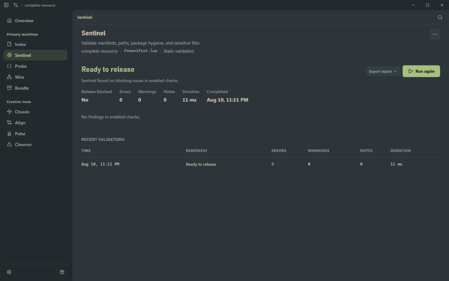 Cortex Sentinel showing a resource ready to release with no blocking issues