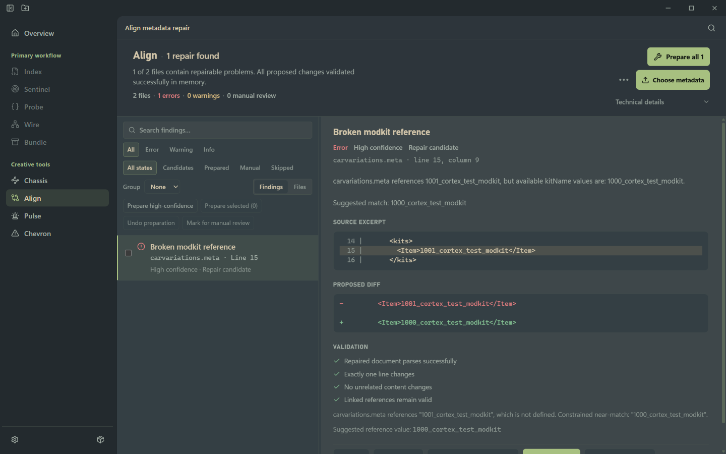 Cortex Align showing a broken modkit reference, proposed diff, and successful validation