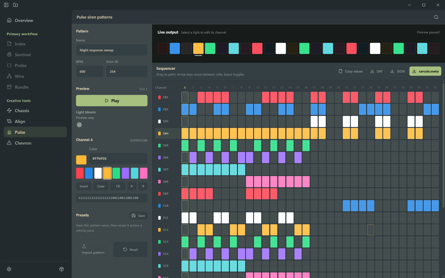 Cortex Pulse showing a multichannel siren sequence with coloured cells and live output
