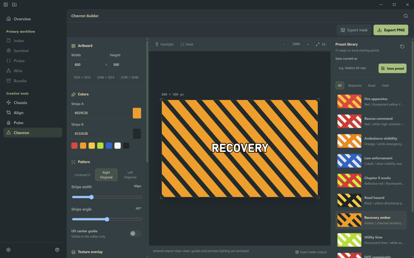 Cortex Chevron Builder creating a recovery vehicle graphic with diagonal stripes