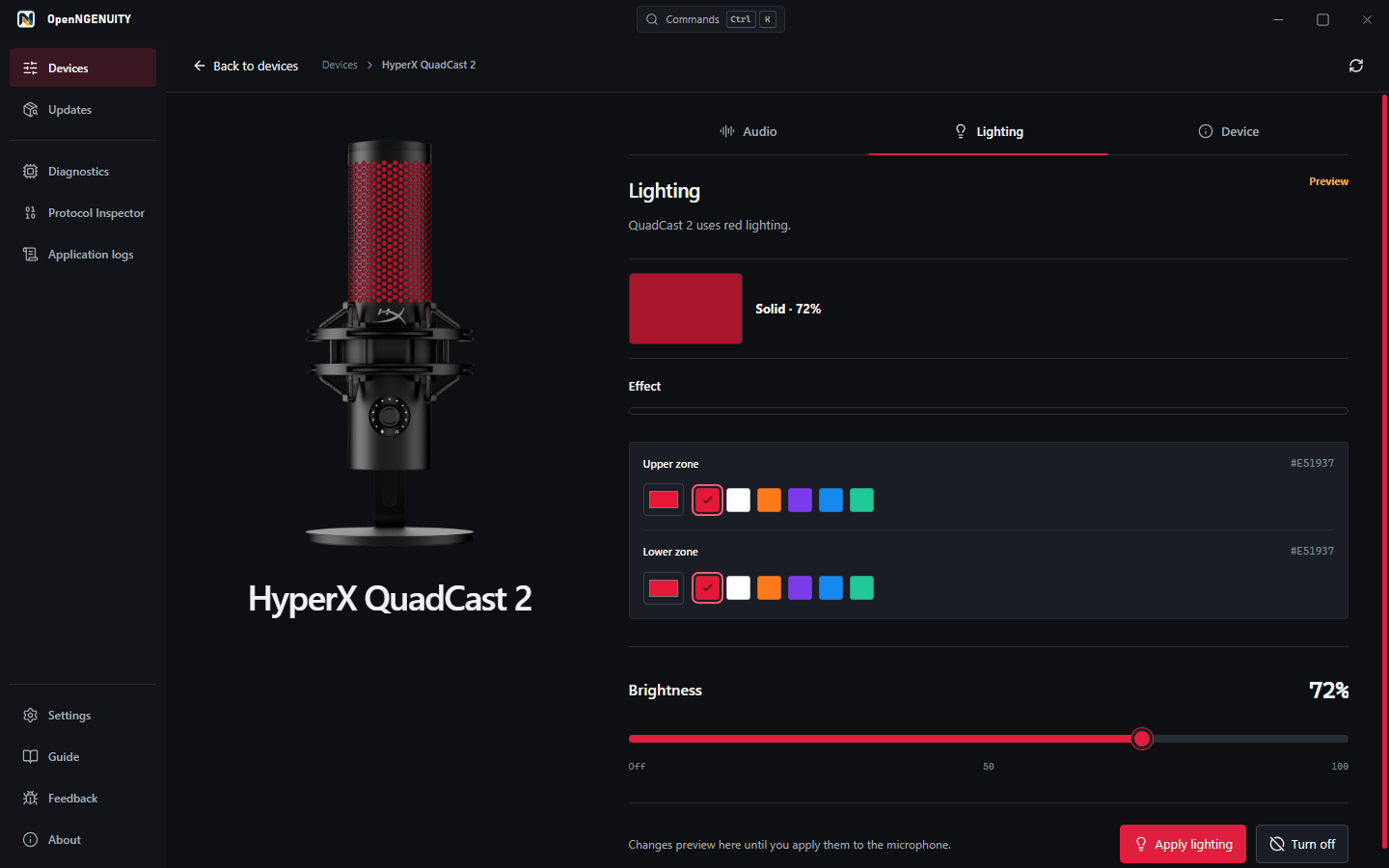 OpenNGENUITY lighting editor for a QuadCast 2 microphone
