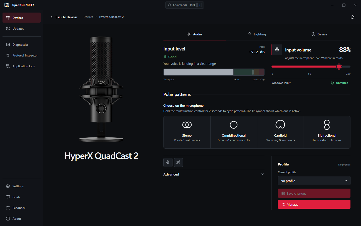 OpenNGENUITY microphone test and input controls