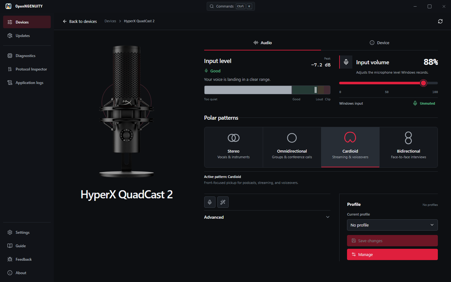 OpenNGENUITY polar-pattern selector with Cardioid active