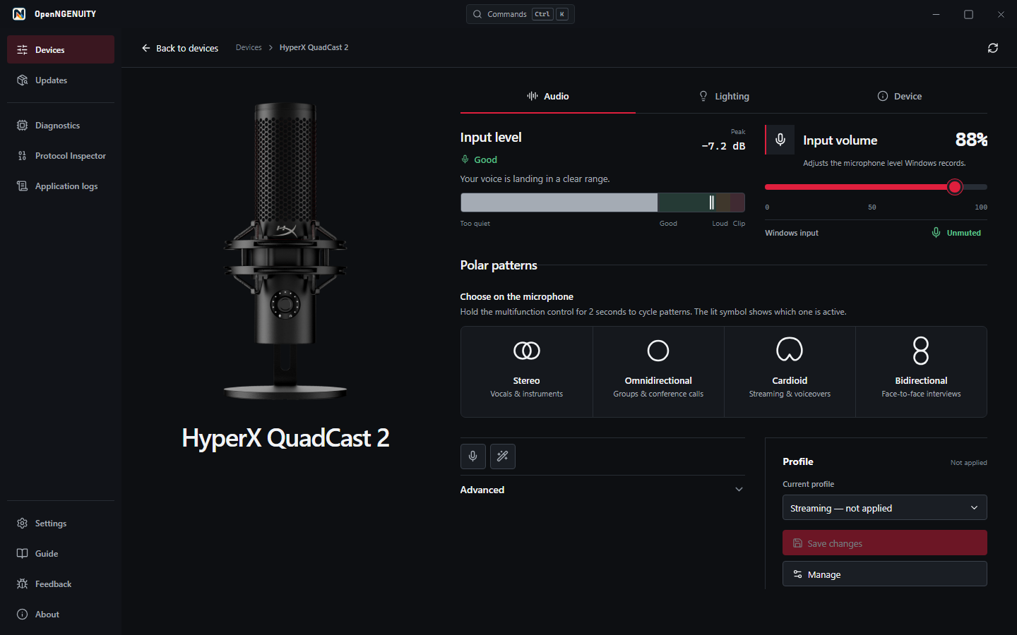 OpenNGENUITY profile controls showing a not-applied streaming profile