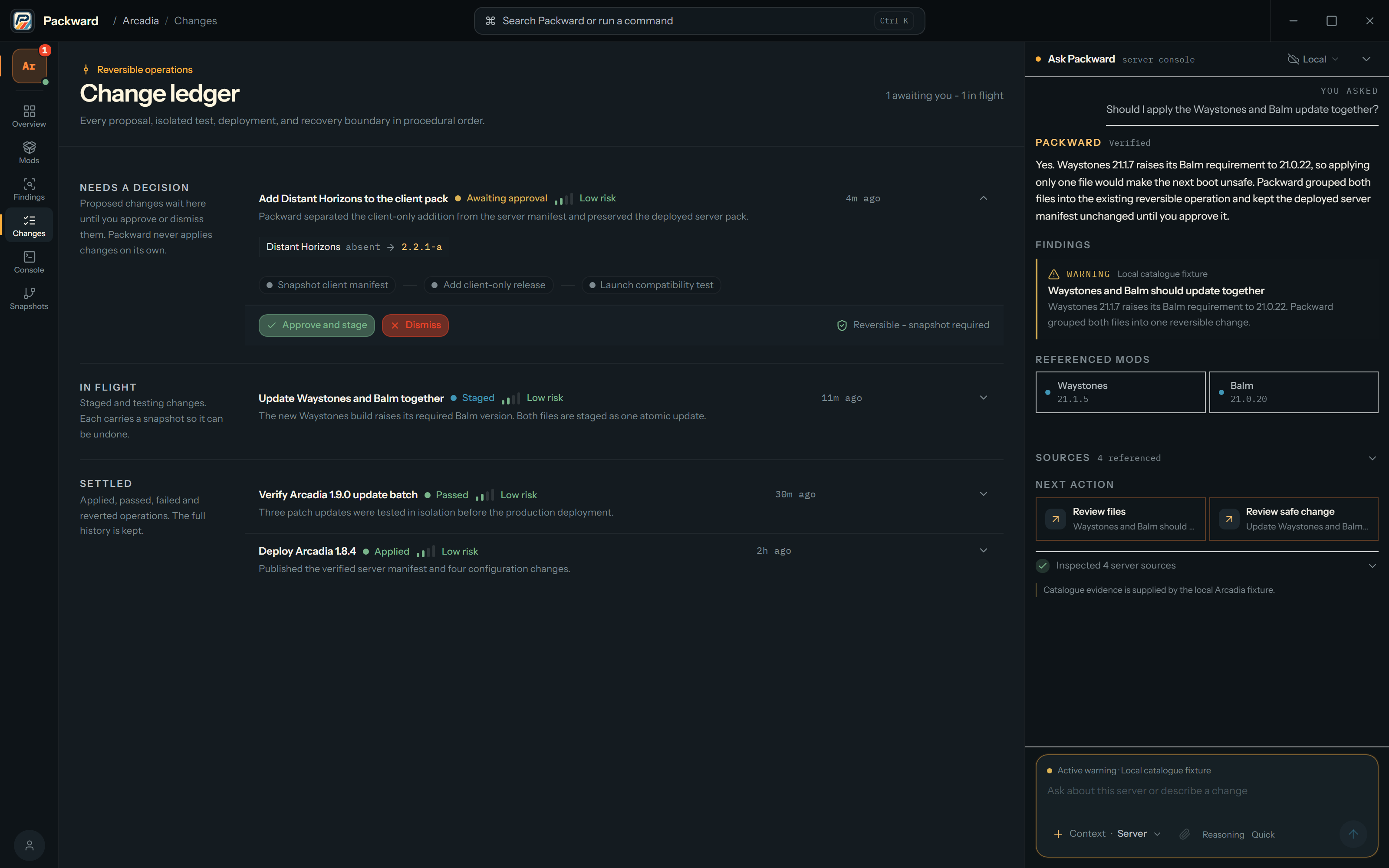 Packward change ledger with an AI-assisted explanation, referenced mods, local evidence, approval controls, and reversible operation status