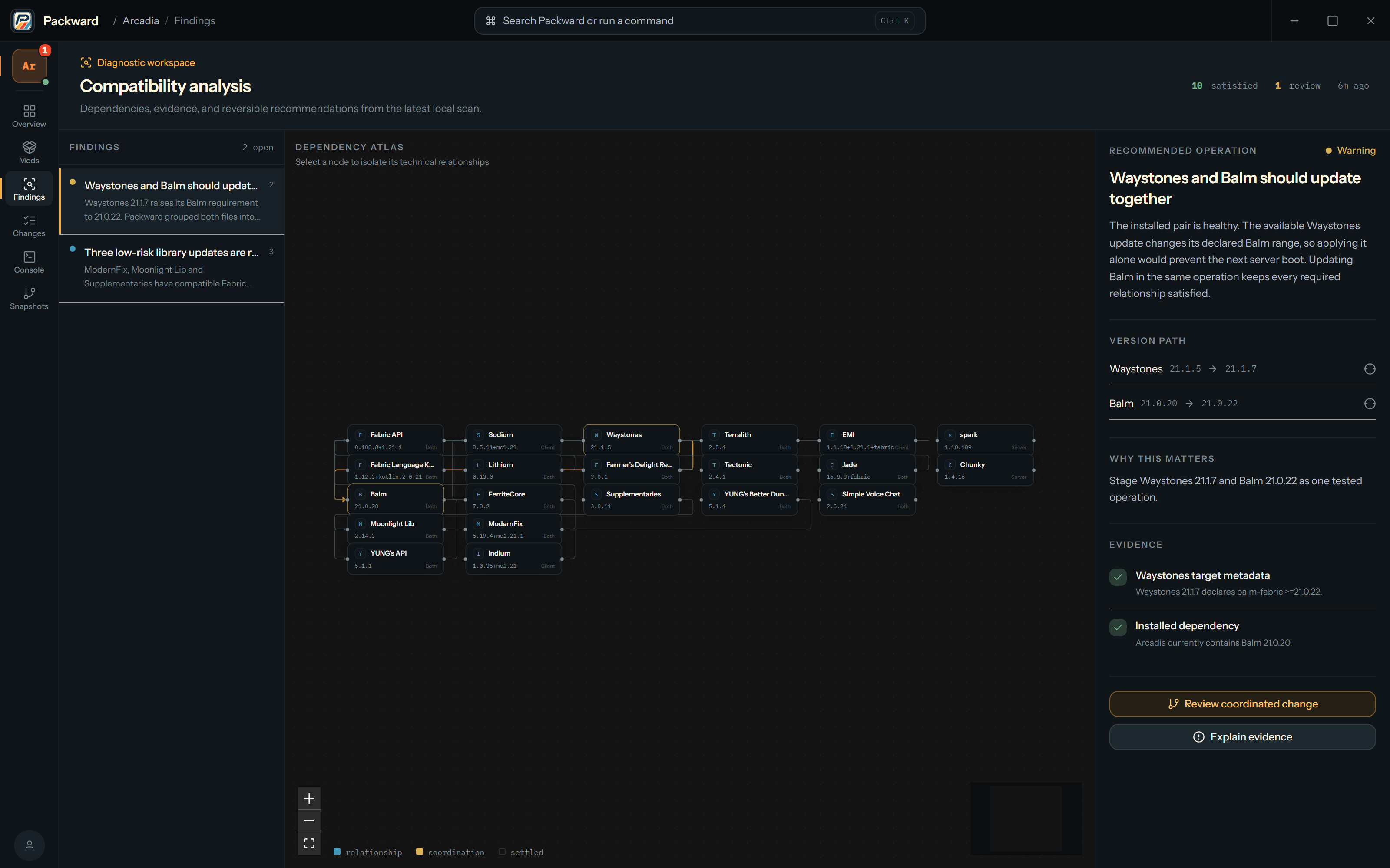 Packward compatibility analysis showing the Arcadia dependency atlas and a coordinated Waystones and Balm update recommendation