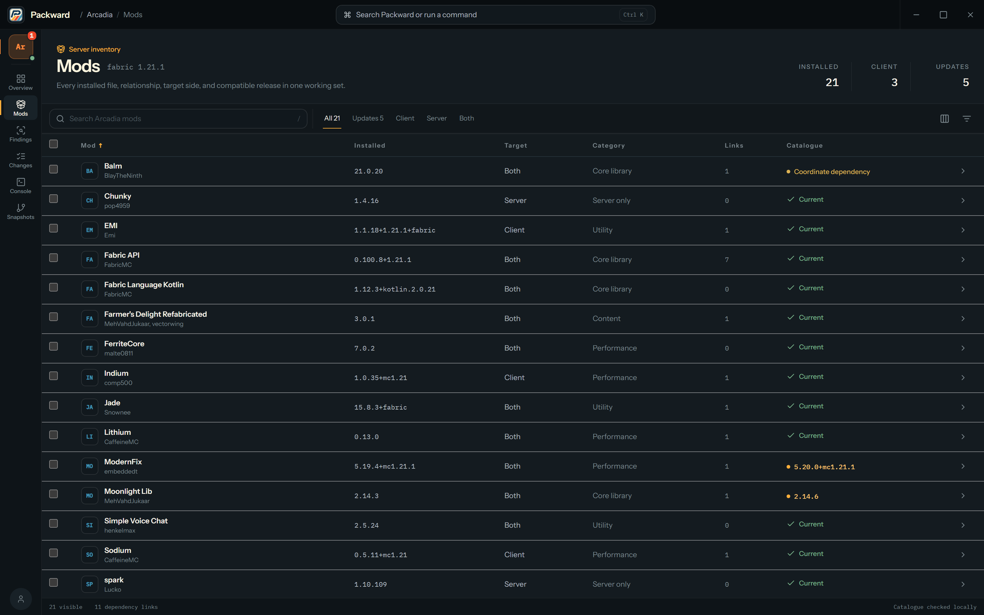 Packward mod inventory for Arcadia listing installed versions, target sides, categories, dependency links, and catalogue status