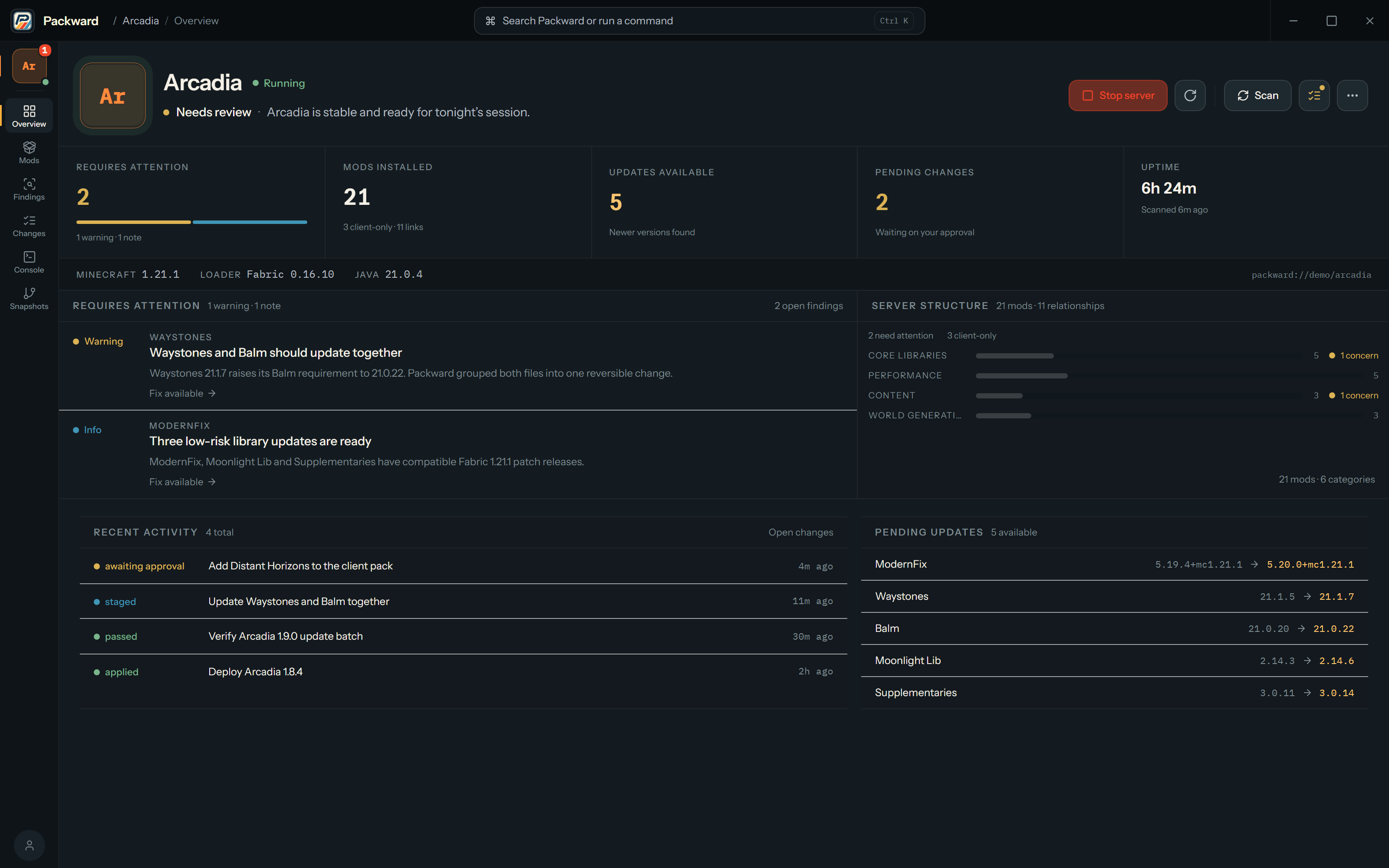 Packward overview for the Arcadia demonstration pack, showing runtime health, findings, installed mods, updates, pending changes, and recent activity