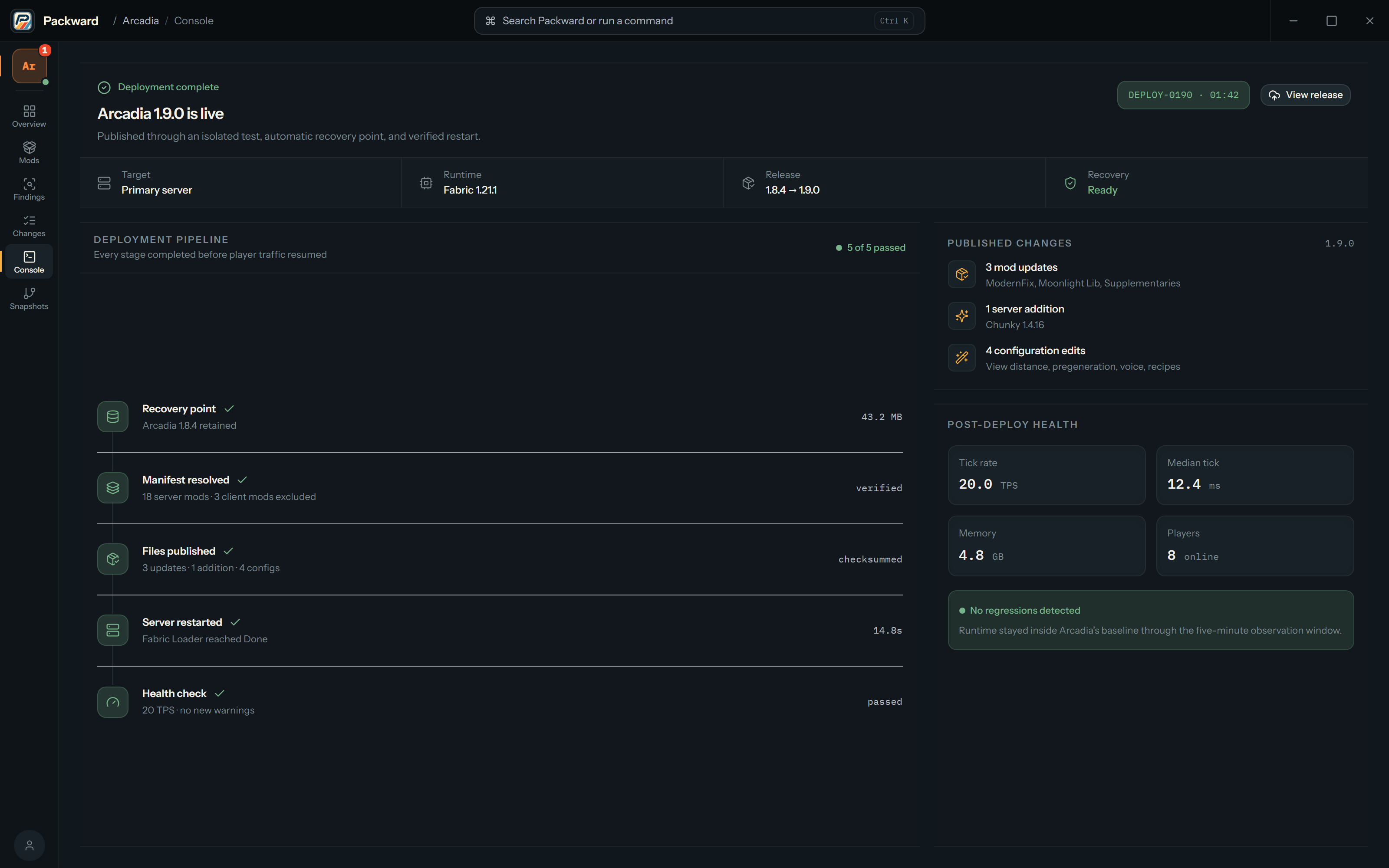 Packward deployment view for Arcadia showing a completed recovery point, resolved manifest, published files, server restart, health check, and post-deploy observations