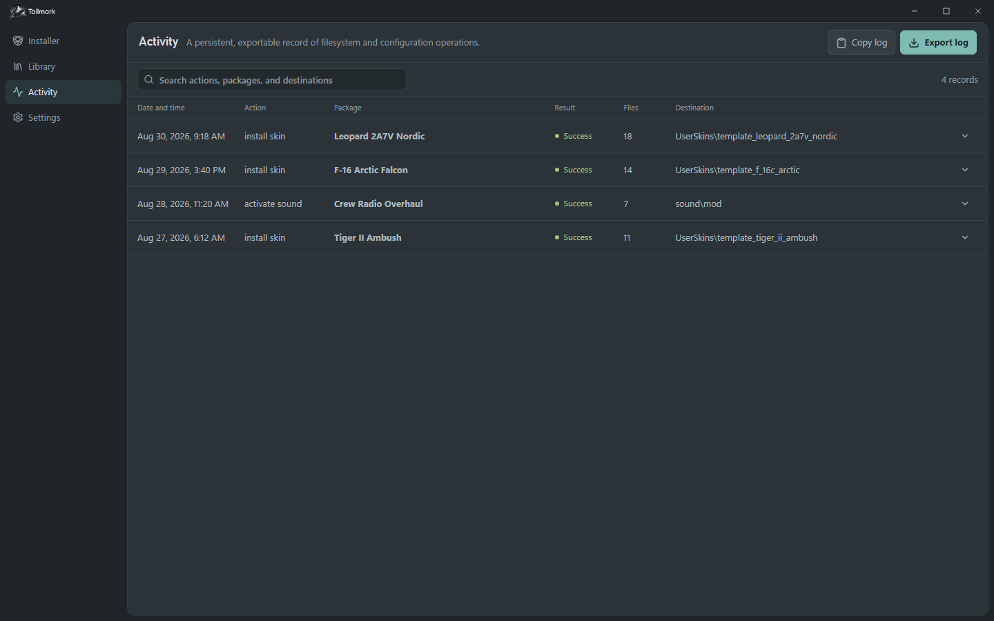 Tailmark activity log with successful mod operations and destinations